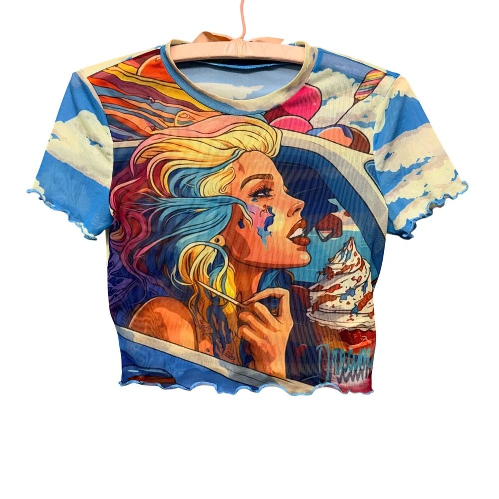 Y2K Sheer Mesh Lettuce EdgeTrim Graphic Top XS Streetwear Dreamcore FetivalWear